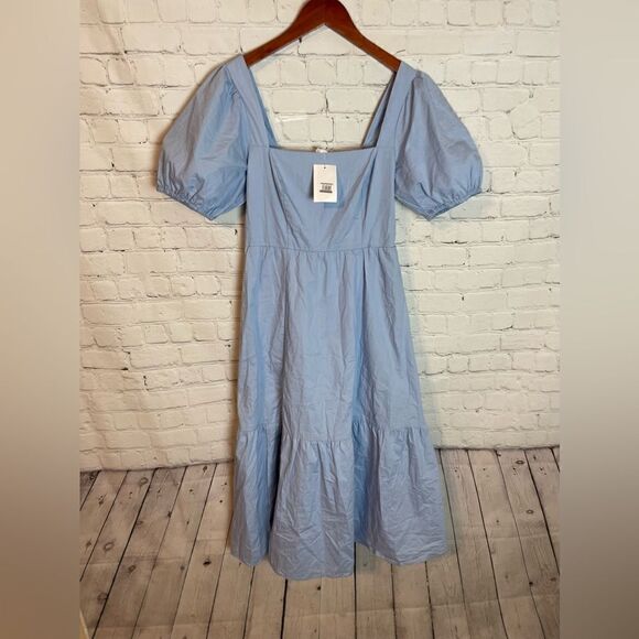 ASTR Poplin Tiered Midi Dress XS Puff Sleeve Blue NWT - Picture 2 of 12